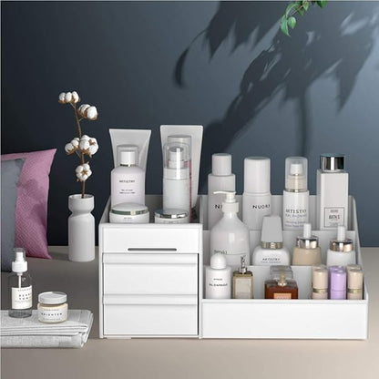 Large Makeup Capacity Cosmetic Storage Box Skin Care Organizer Jewelry,Makeup, Brushes, Lipsticks, Nail Polish Container,Desktop Dresser Sundries Storage Box (White)
