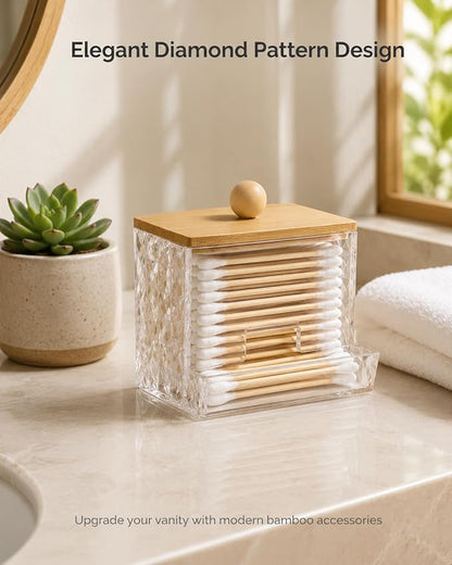 Diamond Pattern Cotton Swab Holder with Bamboo Lid - Clear Bathroom Vanity Organizer, Shatterproof U-Slot Swab Dispenser, Apothecary Jar for Cotton Swabs & Countertop Storage