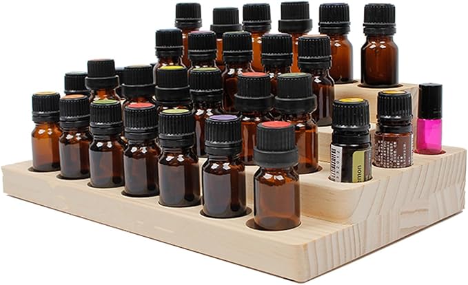 VolksRose 4-Tier Essential Oils Storage Rack, Wooden Essential Oils Nail Polish Display Holder Shelf, Cosmetic Perfume Essential Oil Organizer Stand - 30 Slots for (5ml 10ml 15ml 20ml) Bottles