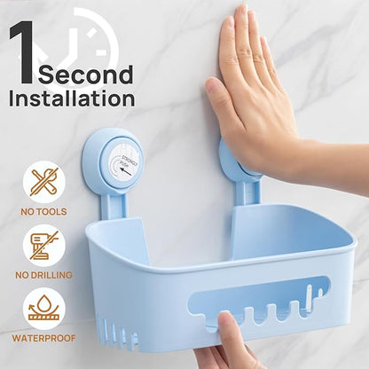 LEVERLOC Shower Caddy Suction Cup Set Shower Organizer & Soap Holder & Toothbrush Holder, Bathroom Shelf Basket NO-Drilling, Removable Suction Storage Waterproof Bathroom Holder, Blue