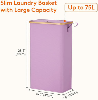Lifewit 75L Slim Laundry Hamper with Lid, Narrow Laundry Basket with Removable Bag & Bamboo Handles, Fodable Thin Dirty Clothes Hamper for Laundry Collapsible Bin for Bathroom Bedroom Dorm, Purple