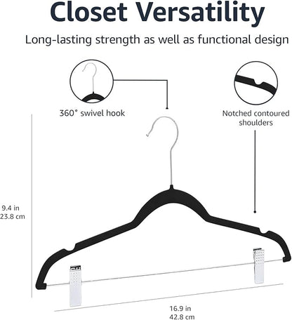 Amazon Basics Velvet Non-Slip Skirt Clothes Hangers with Clips, 360 Degree Rotatable Hook, Organize Pants and Skirts, Black/Silver, 24-Pack