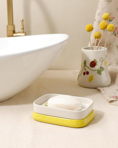 Ceramic Soap Dish, Handpainted Farmhouse Self Draining Soap Holder, Double Layer Bar Soap Holder with Floral Design, Decorative Soap Dish for Bathroom Shower Kitchen Sink, Keeps Soap Dry, ANTIS'S HOME