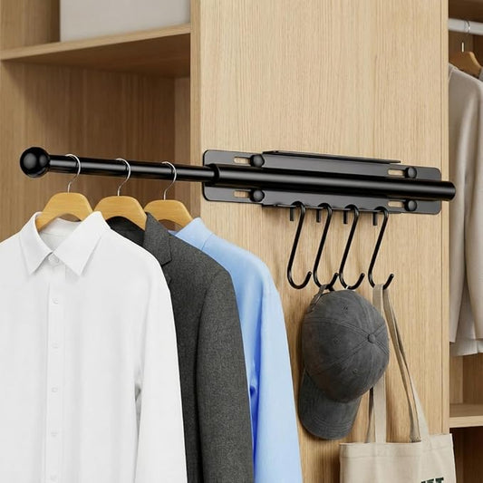 Valet Rod for Closet Pull Out, 12 Inch Retractable Slide Out Closet Rod with 4 Hooks, Heavy Duty Steel Extendable Adjustable Clothes Hanger Rod for Laundry Room, Wardrobe & Bathroom, Black