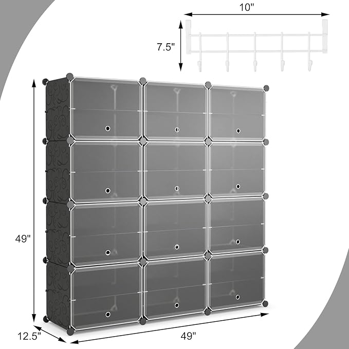 Safstar 48 Pairs 12 Cube Shoe Rack Organizer, Black, Polypropylene