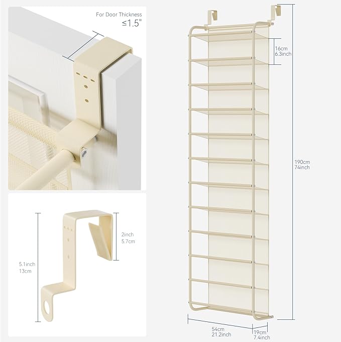 Whitmor 36 Pair Over The Door Shoe Organizer, 12 Tier Hanging Shoe Organizer, Heavy Duty Metal & Mesh Shoe Holder, Hanging Shoe Rack for Closet Organizer & Storage, 74"L x 21.7"W x 7.5"H, Beige
