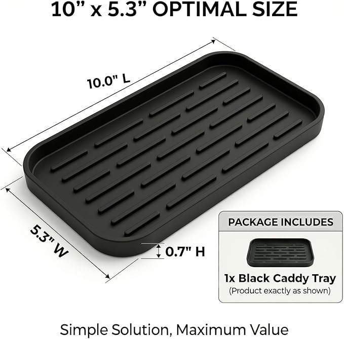 Silicone Organizer Tray, Soap and Sponge Holder for Kitchen Sink, Bathroom - Storage Tray for Dish Brush, Soap Dispenser, Dishwashing Accessories-(Black 1 Pack, 10"x5.3")