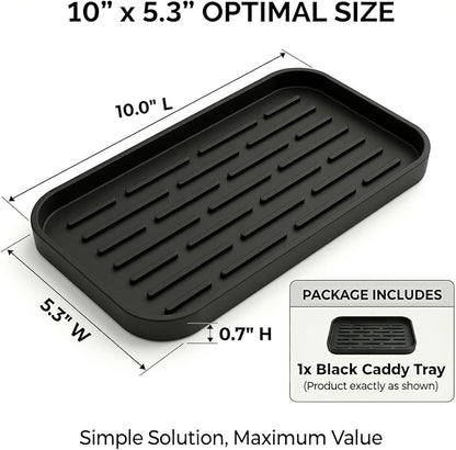 Silicone Organizer Tray, Soap and Sponge Holder for Kitchen Sink, Bathroom - Storage Tray for Dish Brush, Soap Dispenser, Dishwashing Accessories-(Black 1 Pack, 10"x5.3")