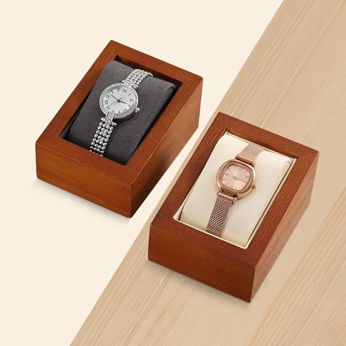 Wooden Watch Display Stand With Pillow, Wristwatch Organizers, Men Women Watch Storage Holder (Willow Wood, Beige Velvet)