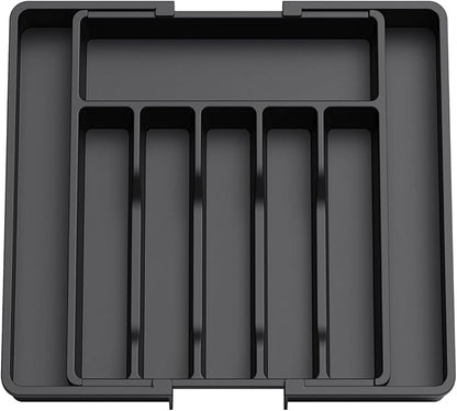 silverware drawer organizer, expandable silverware storage, utensil organizer, durable plastic cutlery storage box for forks, spoons, and knives - kitchen essentials for new home (black)
