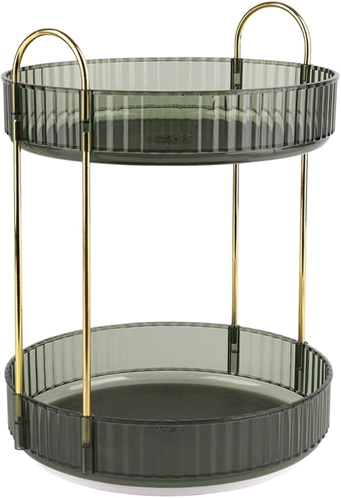 LNAUJS Dark Green 2-Tier Perfume Stand, 360° Rotating Plastic Vanity Organizer for Perfumes, Cosmetics & Skincare, Large Capacity Bathroom/Bedside Counter Storage Holder