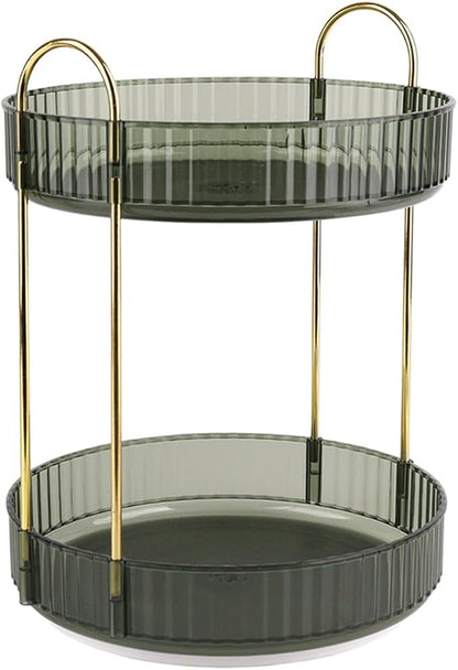 LNAUJS Dark Green 2-Tier Perfume Stand, 360° Rotating Plastic Vanity Organizer for Perfumes, Cosmetics & Skincare, Large Capacity Bathroom/Bedside Counter Storage Holder