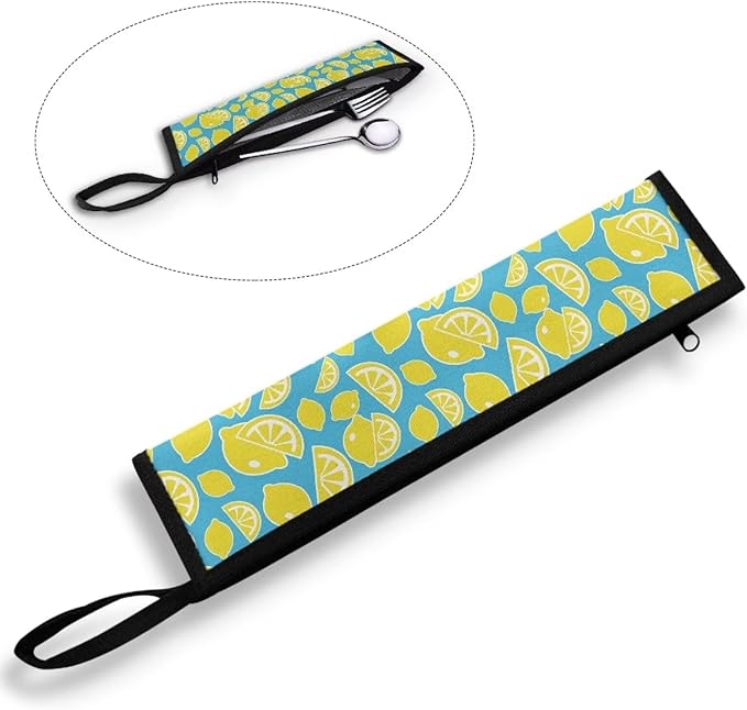 COEQINE Lemon Travel Silverware Holder Case Reusable Portable Travel Tableware Lightweight Portable Lemon Flatware Organzier Bag With Zipper Portable Reusable