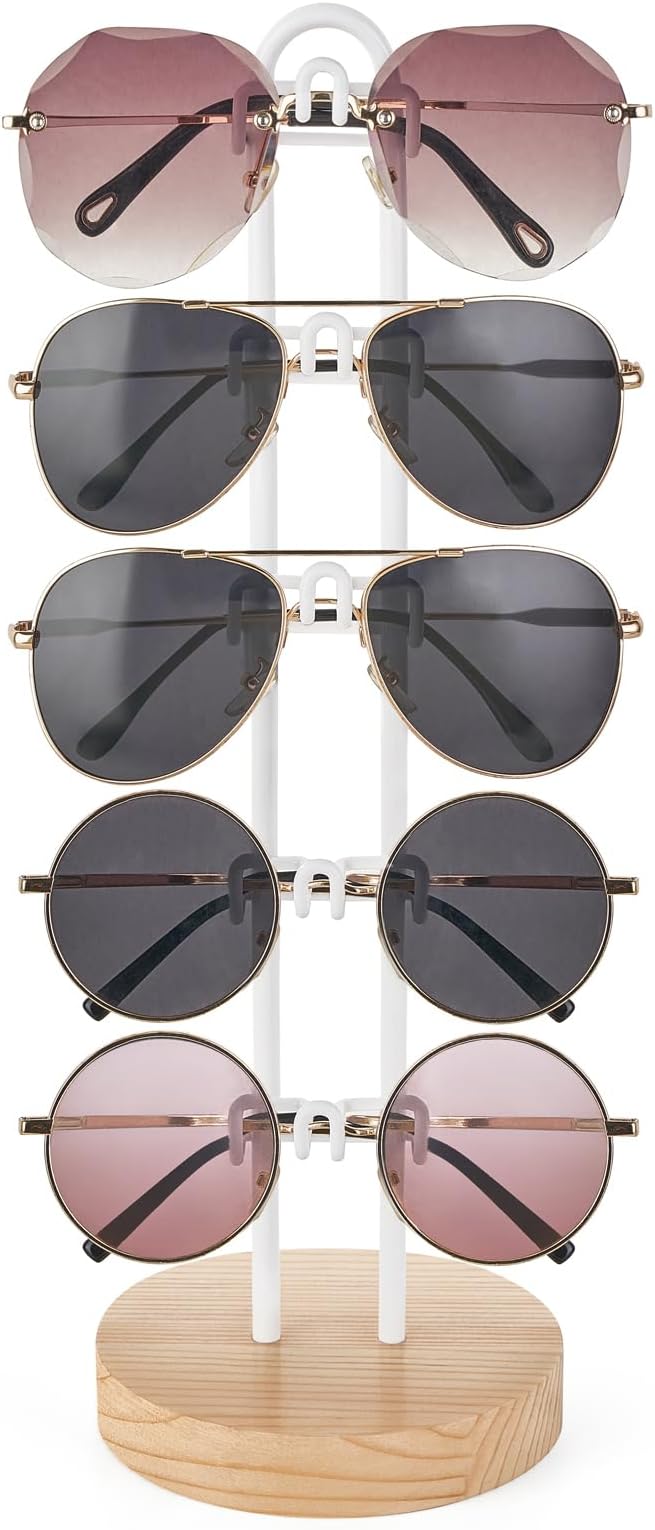 Mkono Sunglasses Organizer Glasses Holder Stand Sunglass Storage Eyeglasses Rack Metal Frame with Wood Base for 5 Pairs of Eyewear Display for Table Desk Countertop Dresser Bedroom (1, Wood)