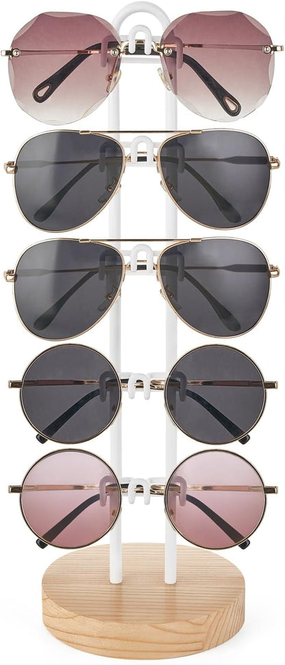 Mkono Sunglasses Organizer Glasses Holder Stand Sunglass Storage Eyeglasses Rack Metal Frame with Wood Base for 5 Pairs of Eyewear Display for Table Desk Countertop Dresser Bedroom (1, Wood)