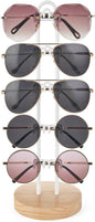 Mkono Sunglasses Organizer Glasses Holder Stand Sunglass Storage Eyeglasses Rack Metal Frame with Wood Base for 5 Pairs of Eyewear Display for Table Desk Countertop Dresser Bedroom (1, Wood)