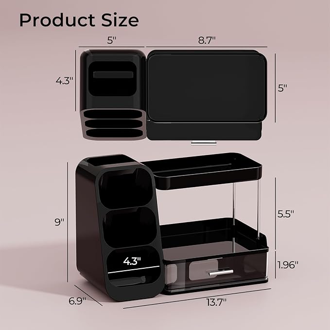 Makeup Organizer for Vanity with Brush Holder, 2 Tiers Countertop Skincare, Cologne Organizer and Perfume Stand for Men Bathroom Vanity, Large Capacity Makeup Storage, Black