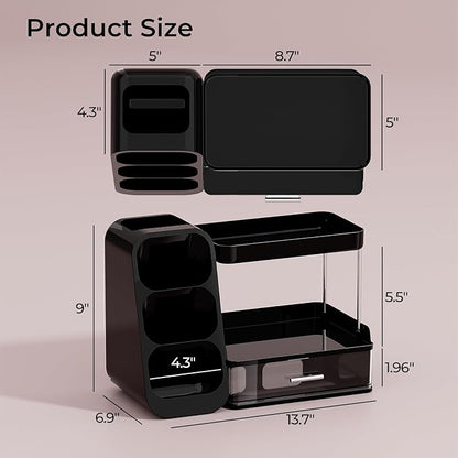 Makeup Organizer for Vanity with Brush Holder, 2 Tiers Countertop Skincare, Cologne Organizer and Perfume Stand for Men Bathroom Vanity, Large Capacity Makeup Storage, Black
