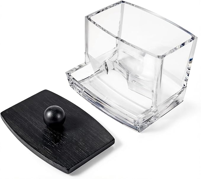 SheeChung 10Oz Acrylic Qtip Holder Dispenser for Cotton Swab, Clear Plastic Containers Apothecary Jars with Bamboo Lid, Bathroom Accessories, Vanity Organizers and Storage, Home Essentials-Black, 2Pcs