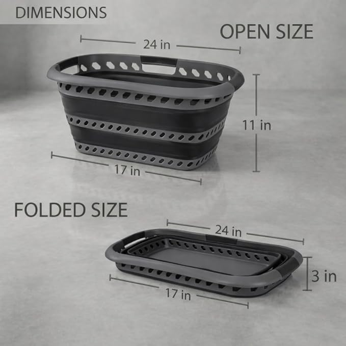 Laundry 360 Collapsible Laundry Basket 40L | Portable | Space Saver Storage | Hold 2 Loads | Store Under the Bed or Closet | Good for Kids | Dorm | Bedroom | Large | Grey/Black