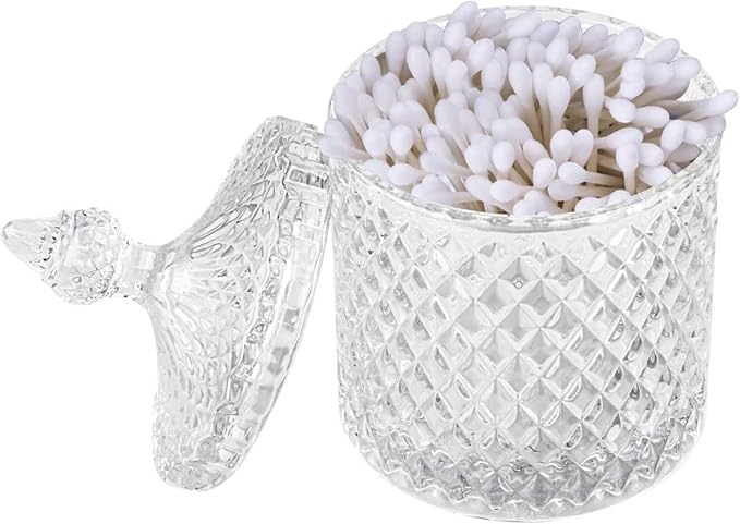 Colorful Home Decorative Jar Qtips Holder Dispenser Glass Storage Container Bathroom Counter Vanity Organizer for Bath Salts/Swabs/Rounds Makeup Sponges Toothpick Jewelry(Transparent,10 oz,)