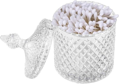 Colorful Home Decorative Jar Qtips Holder Dispenser Glass Storage Container Bathroom Counter Vanity Organizer for Bath Salts/Swabs/Rounds Makeup Sponges Toothpick Jewelry(Transparent,10 oz,)