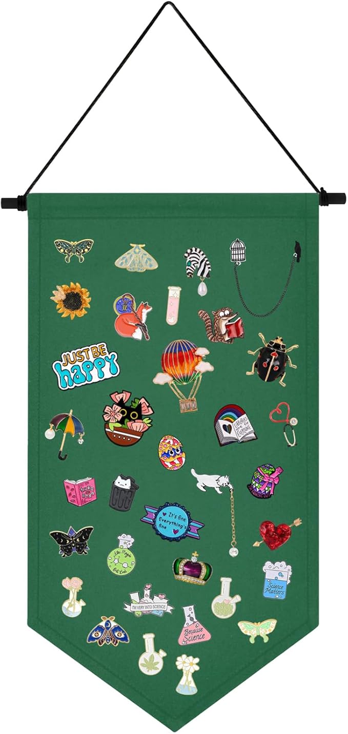 Kunyeah Wall Hanging Brooch Organizer Storage Case Colorful Canvas Pin Board Stand Enamel Pin Badge Hanging Holder Display Banner Earrings Collection Holder - Pins No Included (Green)