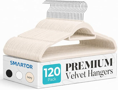 Smartor Velvet Hangers 120 Pack, Non Slip Clothes Hangers with Shoulder Notches, Premium Slim Space Saving Felt Hanger for Closet Organizers and Storage, Heavy Duty Hanger for Coat, Ivory