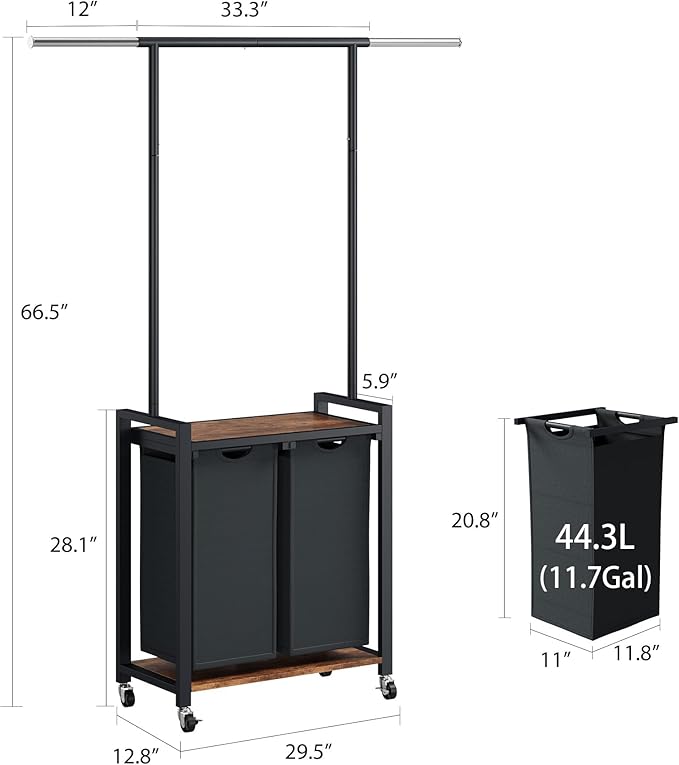 IDEALHOUSE 2-Section Laundry Sorter,Rolling Laundry Hamper with Hanging Rack & Shelf, 2× 11.7 Gal (44.3 L), Basket Organizer with Lockable Wheels,Folding Station for Bedroom, Bathroom