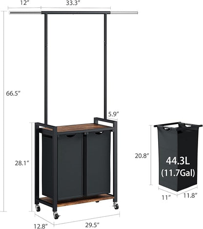 IDEALHOUSE 2-Section Laundry Sorter,Rolling Laundry Hamper with Hanging Rack & Shelf, 2× 11.7 Gal (44.3 L), Basket Organizer with Lockable Wheels,Folding Station for Bedroom, Bathroom