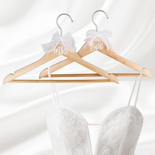 Bride Hanger for Wedding Dress Wooden Pearl Hangers with Pearl Ribbon Bow Elegant Bridal Mrs Wedding Dress Hanger, 2PCS Personalized Wedding Hangers (Burlywood)