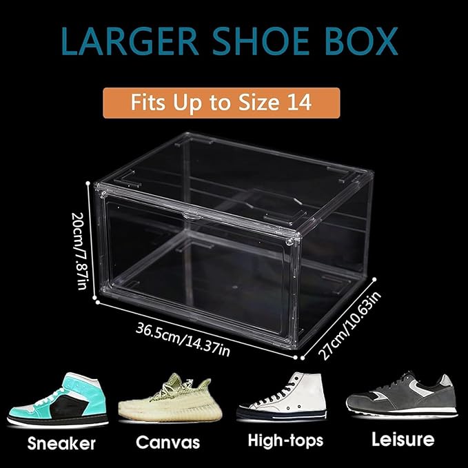 12 Pack Shoe Boxes, Clear Acrylic Stackable Plastic Sneaker Box Container, Magnetic Drop & Side Open Shoe Organizer Case Container With Lids Fits Up to Size 14 (Crystal Clear)