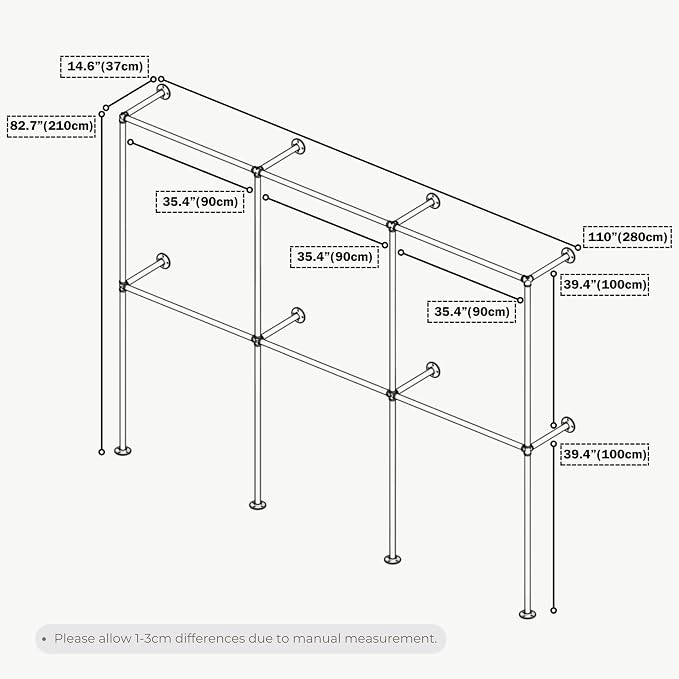Black Industrial Pipe Clothing Rack 110" W Wall Mounted, Heavy Duty Iron Garment Rack 150 lbs per Rod, Open Closet Organizer for Bedroom Laundry Room Retail Display