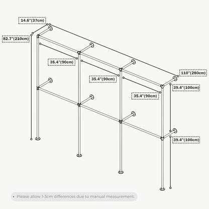 Black Industrial Pipe Clothing Rack 110" W Wall Mounted, Heavy Duty Iron Garment Rack 150 lbs per Rod, Open Closet Organizer for Bedroom Laundry Room Retail Display