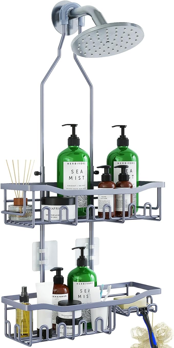 Shower Caddy, Upgraded Extended Length Shower Caddy Over Showerhead No Blocking to Showerhead, Rustproof Bathroom Organizers and Storage with Hooks Shampoo Soap Holder, Large Hanging Caddy