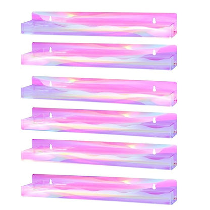 6 Packs Iridescent Nail Polish Wall Mounted Organizer, 15" Rainbow Floating Shelves, Acrylic Nail Polish Wall Rack for Paint, Tattoo Ink, Essential Oils, Makeup Storage Display Stand