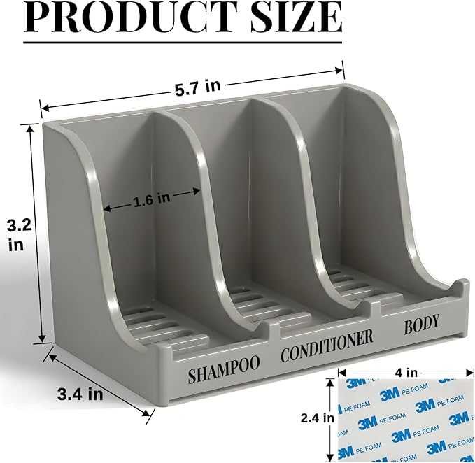 Soap Holder for Shower Wall, 3-Compartment Soap Dish for Shampoo, Conditioner and Body Soap, Fast Draining & Rust-Proof & Heavy Duty, Ultra-Strong Self Adhesive & Freestanding (Grey, Label)