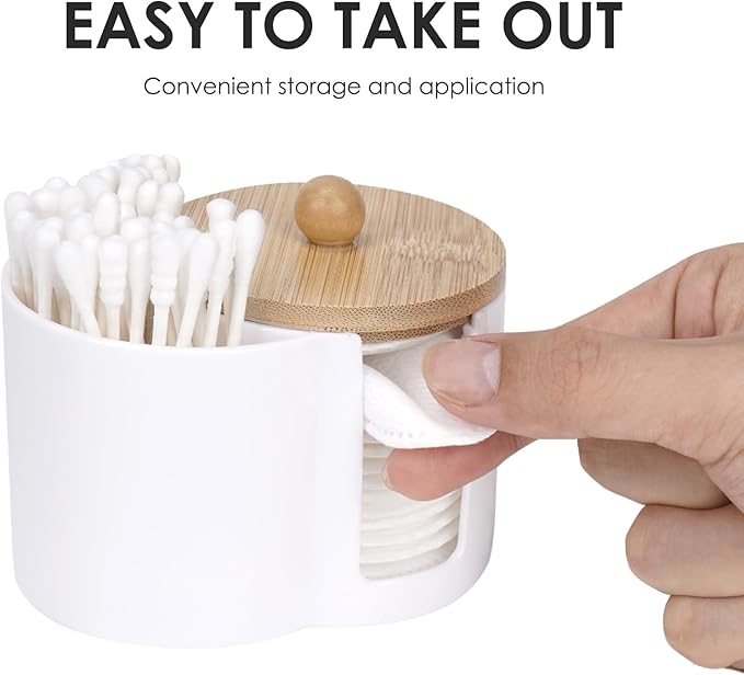Adorila Compact Cotton Pad & Swab Holder with Bamboo Lid, Dust-Free Space-Saving Bathroom Vanity Organizer for Floss (White)