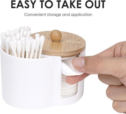 Adorila Compact Cotton Pad & Swab Holder with Bamboo Lid, Dust-Free Space-Saving Bathroom Vanity Organizer for Floss (White)