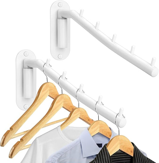 Sumnacon 2 PCS Stainless Steel Clothes Hanger Rack - Wall Mount Clothing Rack with Swing Arm, Sturdy Clothes Hanger Racks for Laundry Room Bedrooms Clothing Drying Hanger with 5 Hooks, White