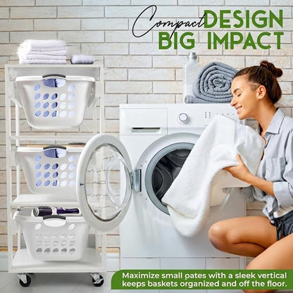 Laundry Basket Holder Shelf – Stackable Engineered Wood Laundry Tower, Tiered Hamper Organizer for Bathroom, Bedroom, Closet (White, 3 Tier)
