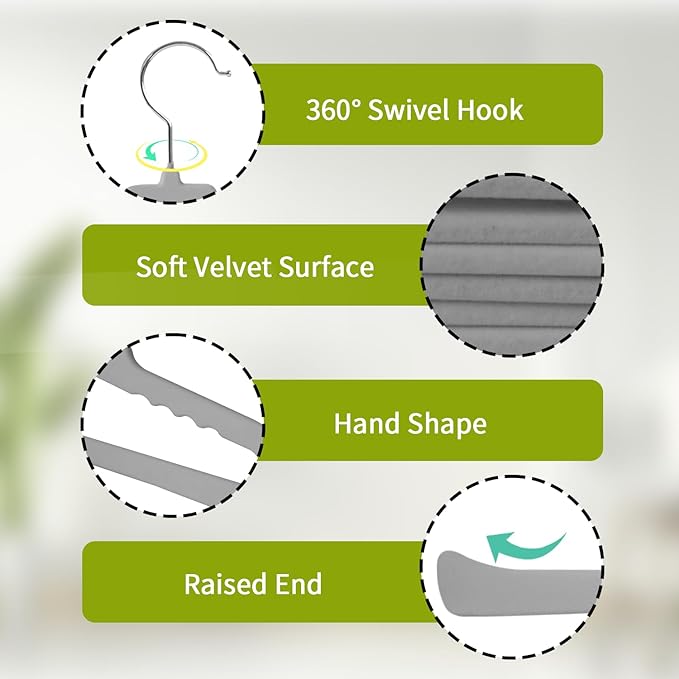 ManGotree Non Slip Velvet Pants Hangers, Open Ended Felt Jean Hangers for Closet Organizer, Heavy Duty Space Saving for Trousers, Slacks, Shorts, Dress, Scarf (10 Pack, Grey)