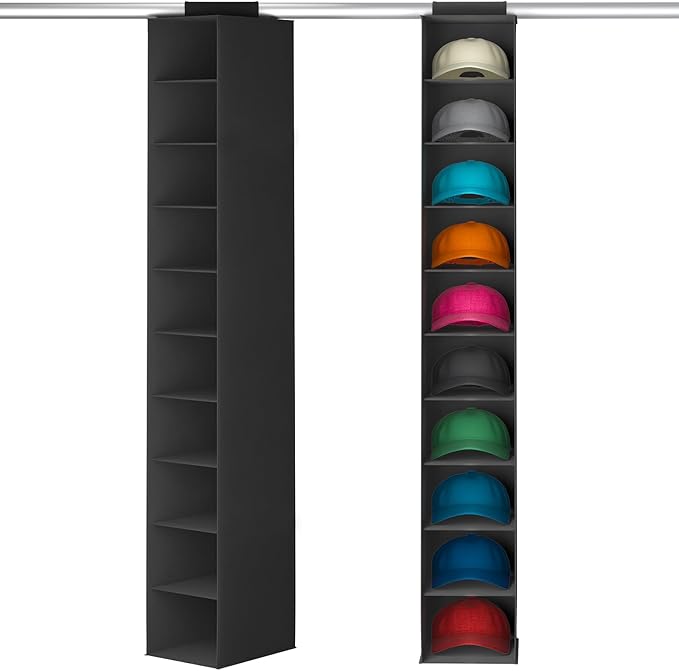 Lifewit Hat Organizer for Baseball Caps, Hat Rack Hanging Storage, Non-Woven Fabric Display Shelf Holds Up to 40 Hats, Cap Holder Hanger for Closet, Bedroom, 10 Compartments, Black, 1 Pack