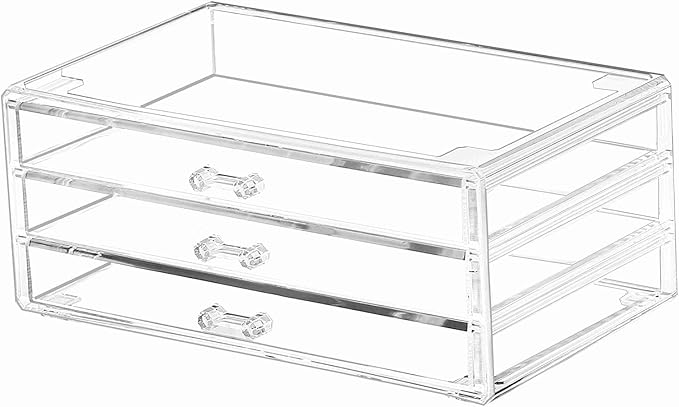Cq acrylic 1 Pack Clear Acrylic Drawer Organizer Countertop,Stackable 3 Drawers Makeup Storage,Cute Cube Make Up Organizer for Dresser Hair Clip,Beauty Product Desk and Bathroom Organizers and Storage