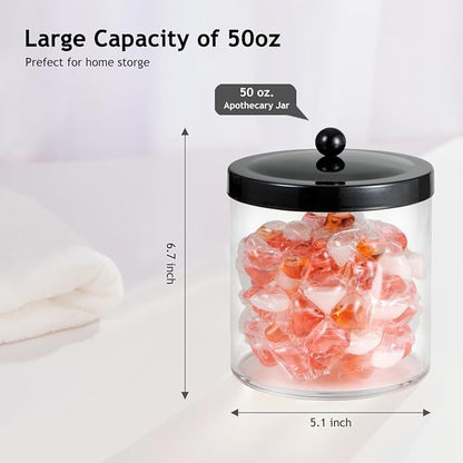 2 Pack 50 Oz Large Plastic Apothecary Jar with Black Stainless Steel Lid - Shatterproof Laundry Pods Container - Modern Industrial Bathroom & Kitchen Storage Organizer for Scent Beads, Bath Bombs