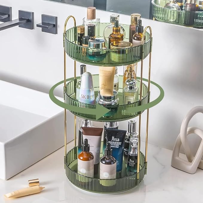360° Rotating Makeup Organizer, 3 Tier Spinning Cosmetic Organizer for Vanity & Bathroom Countertop, Holds Tall Skincare Bottles, Perfume & Beauty Accessories – Clear Green