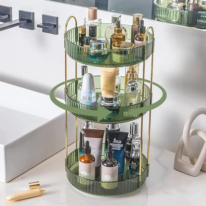 360° Rotating Makeup Organizer, 3 Tier Spinning Cosmetic Organizer for Vanity & Bathroom Countertop, Holds Tall Skincare Bottles, Perfume & Beauty Accessories – Clear Green
