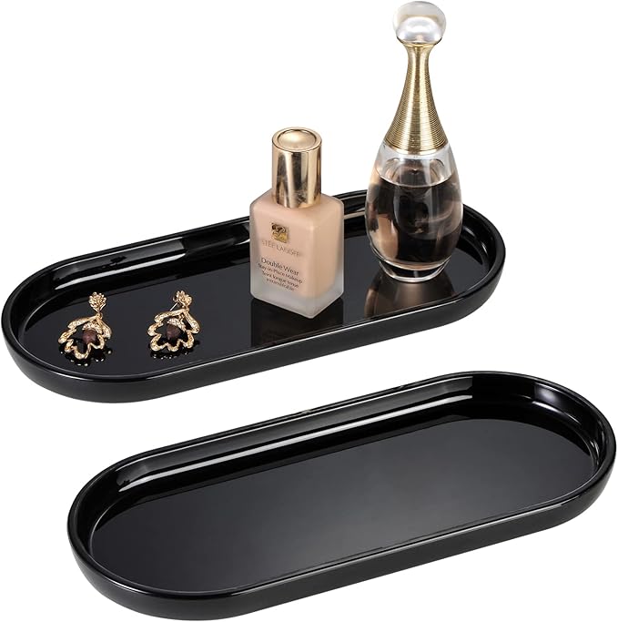 SheeChung Acrylic Vanity Tray Bathroom Storage Tray, 9.65 in x 4.5 in Catchall Holder, Countertop Sink Dispenser Organizer for Cabinet, Vanity, Shelf, Cupboard, or Closet Organization (2 Pack, Black)