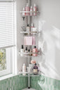 ESSEME Corner Shower Caddy Tension Pole: Adjustable Rustproof 4-Tier Inside Bathroom Organizer - 47-121 inch Quick Installation Bathtub Shelves for Shampoo Storage - Rod Floor Standing Bath Rack