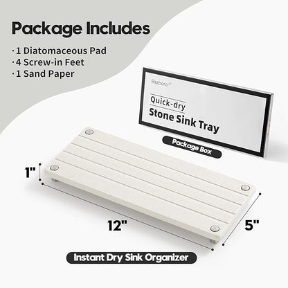 Razborci Instant Dry Sink Caddy Kitchen Sink Organizer, Quick Drying Stone Tray Diatomite Sponge Holder Soap Dish, Bathroom Countertop Fast Dry Water Absorbing Vanity Rack, Beige,12" x 5"